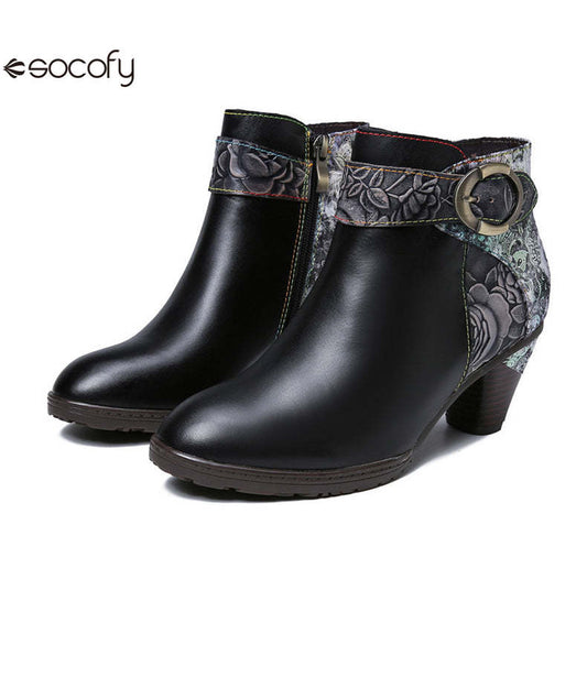 Socofy Vicconfy Vintage Cowhide Leather Boots Fashion Boots Mid Heel Women's Shoes 790