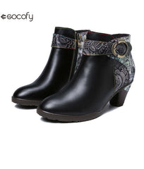 Socofy Vicconfy Vintage Cowhide Leather Boots Fashion Boots Mid Heel Women's Shoes