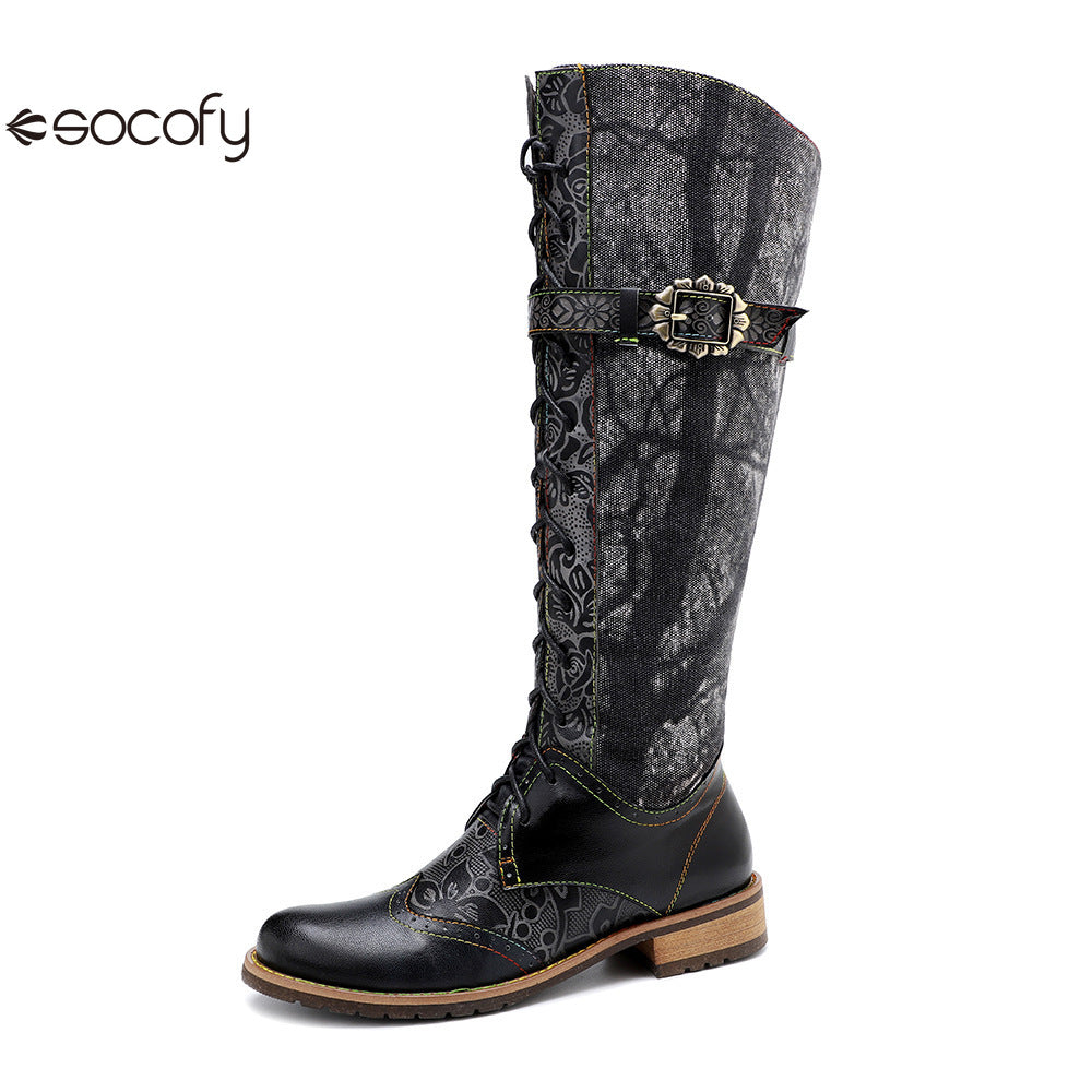 Socofy Vicconfy Genuine Leather Dark Flower Lace Up Flat Boots