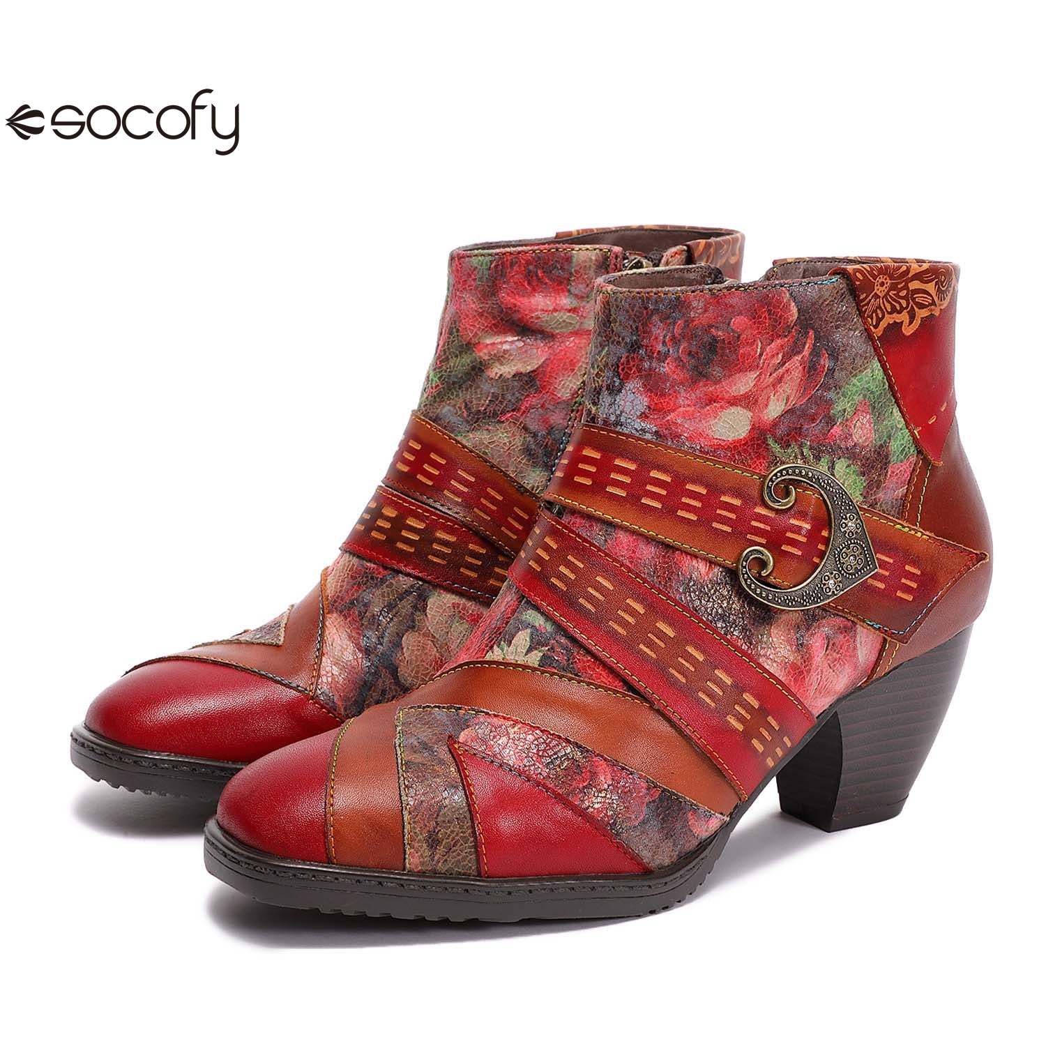 Socofy Retro leather stitching high ethnic style flower women's boots