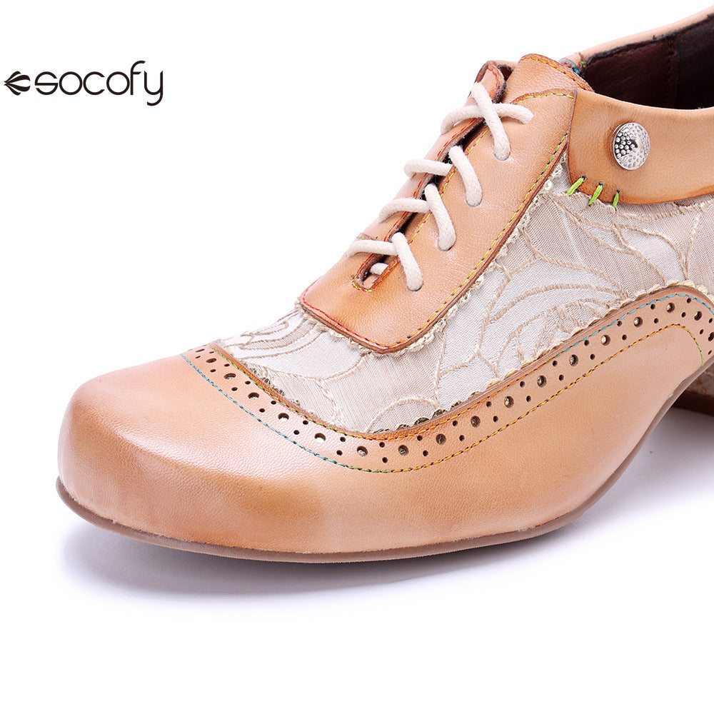 Socofy Genuine leather beige vintage brogue tassel side zipper pumps