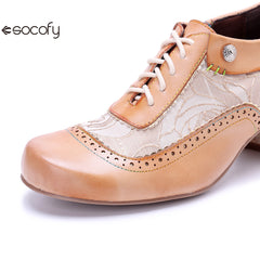 Socofy Genuine leather beige vintage brogue tassel side zipper pumps