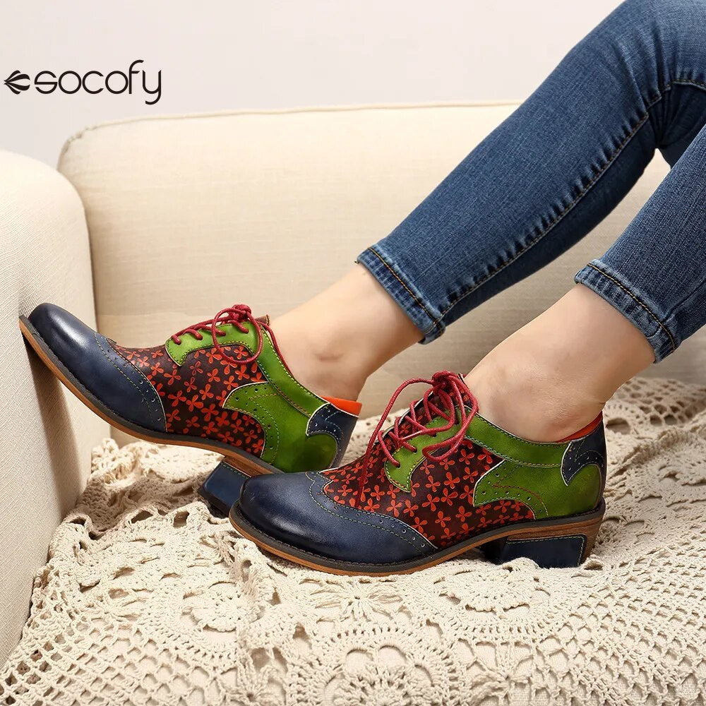 Socofy New Spring Genuine Leather Round Toe Lace-up Mixed Colors Ethnic Casual Sewing Pumps