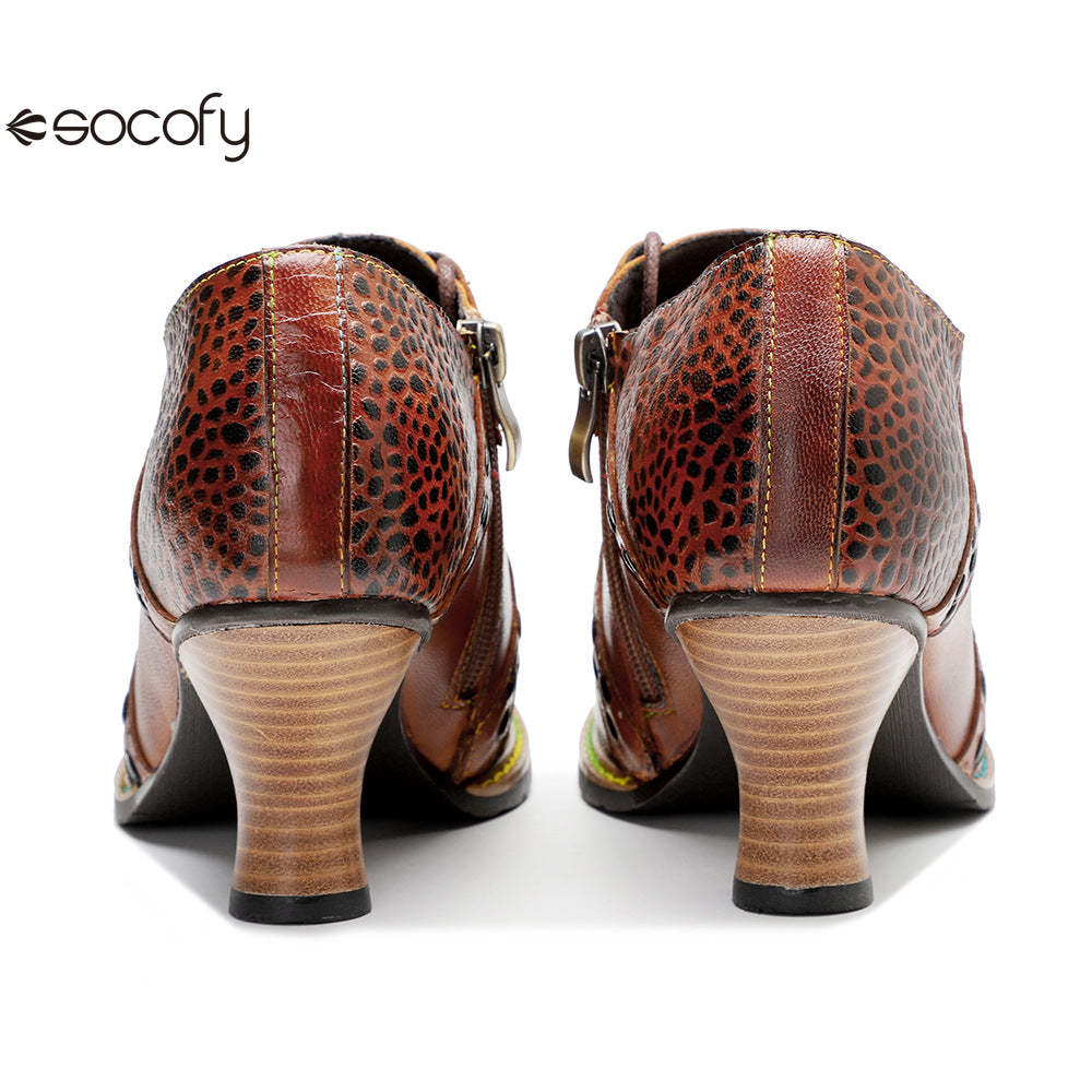 Socofy Leather Leopard Print Lace Up Women's High Heels