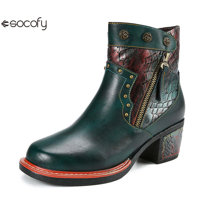 Socofy Vicconfy Women's Martin Boots Leather Patchwork Ethnic Vintage Short Boots