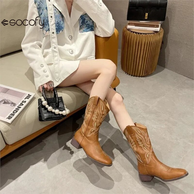 SOCOFY Chunky Western Cowboy Boots