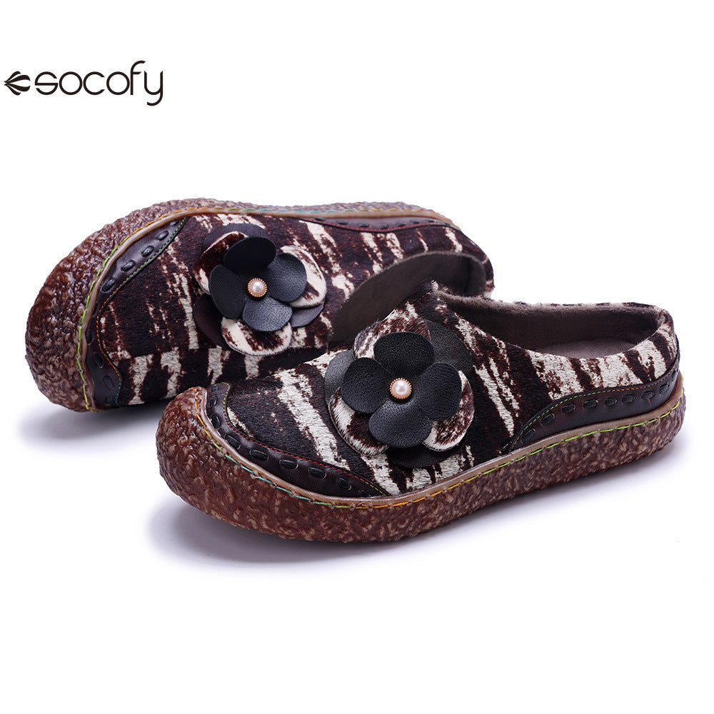 Socofy Vicconfy Genuine Leather Pony Hair Cubic Flower Retro Comfort Loafers