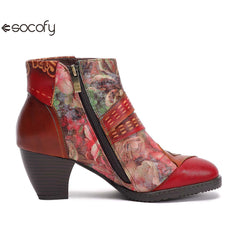 Socofy Retro leather stitching high ethnic style flower women's boots