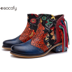 Socofy Vicconfy Leather Printed Fringe Cowboy Boots