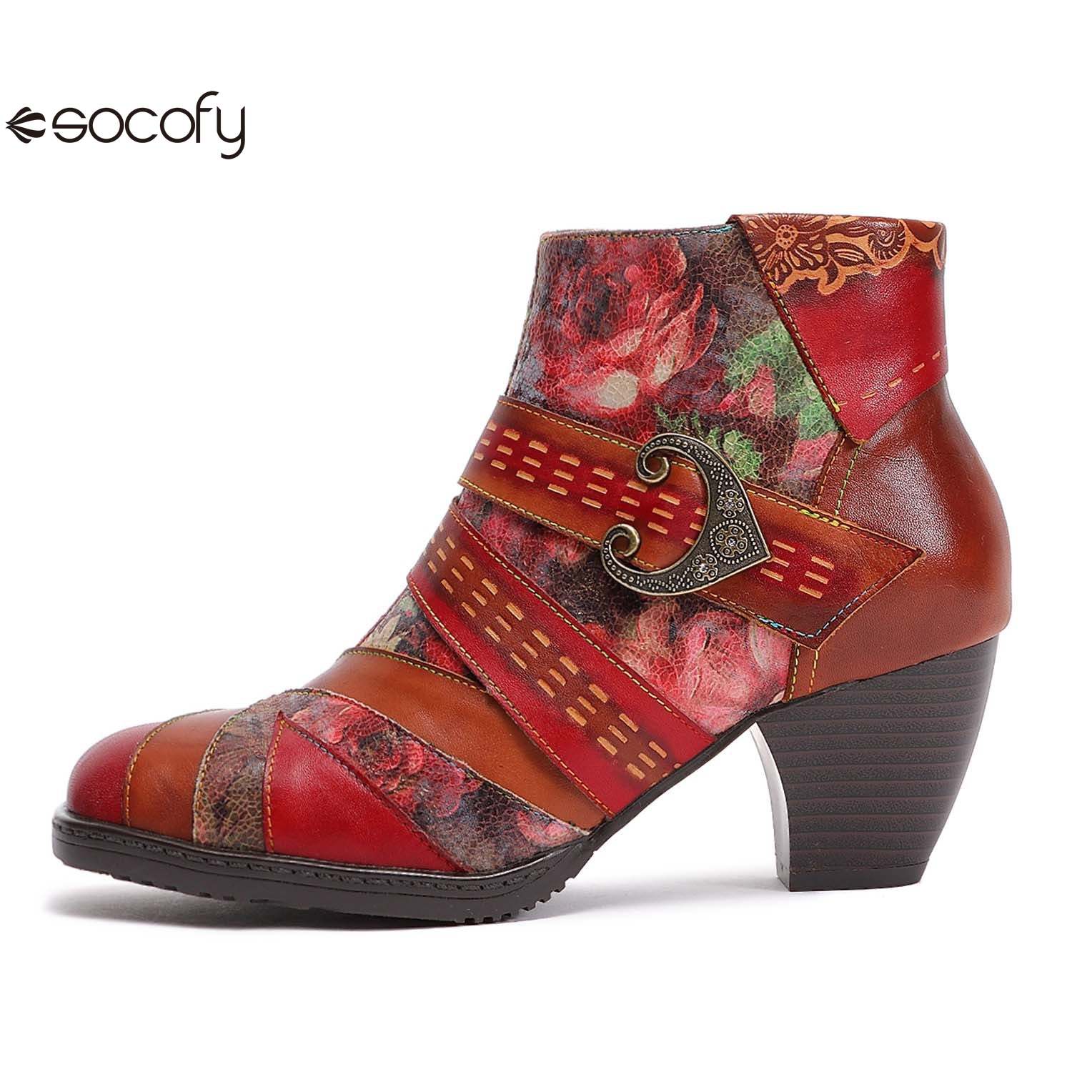 Socofy Retro leather stitching high ethnic style flower women's boots