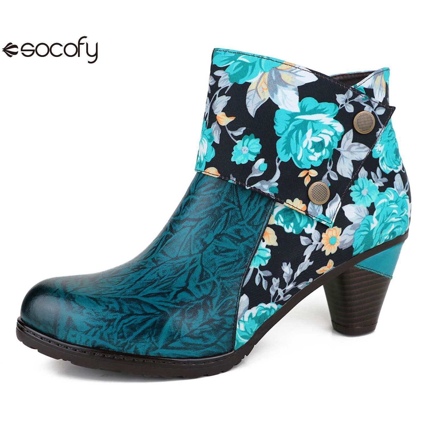 Socofy Autumn ethnic style cowhide thickened mid-calf round toe fashion boots for women