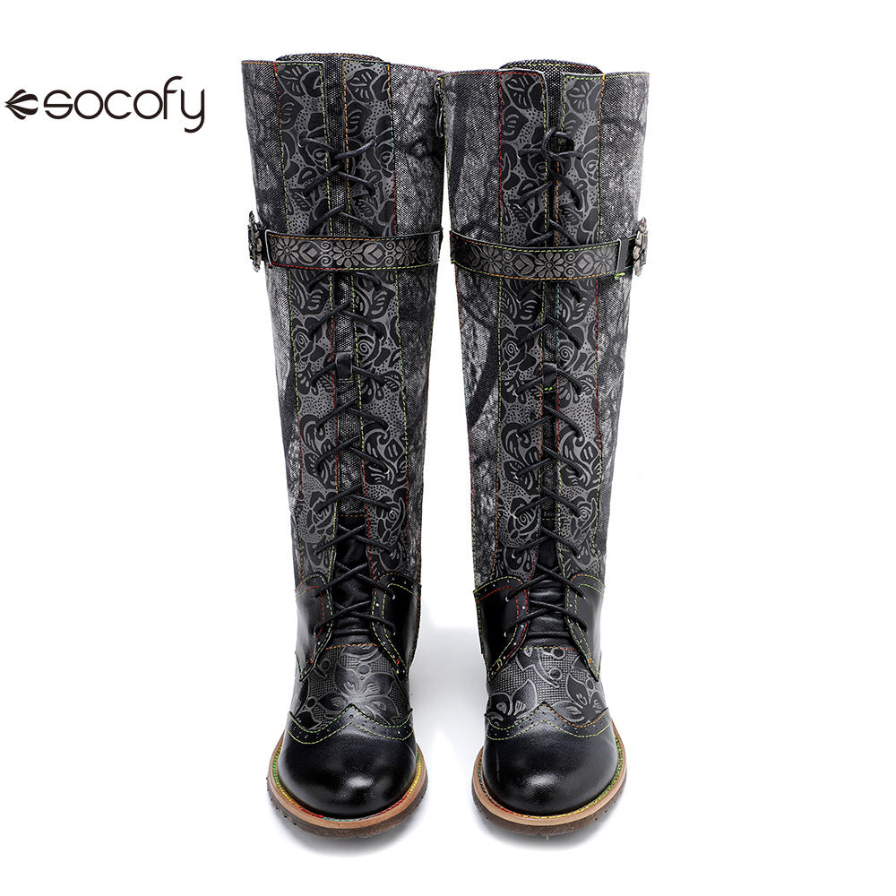 Socofy Vicconfy Genuine Leather Dark Flower Lace Up Flat Boots