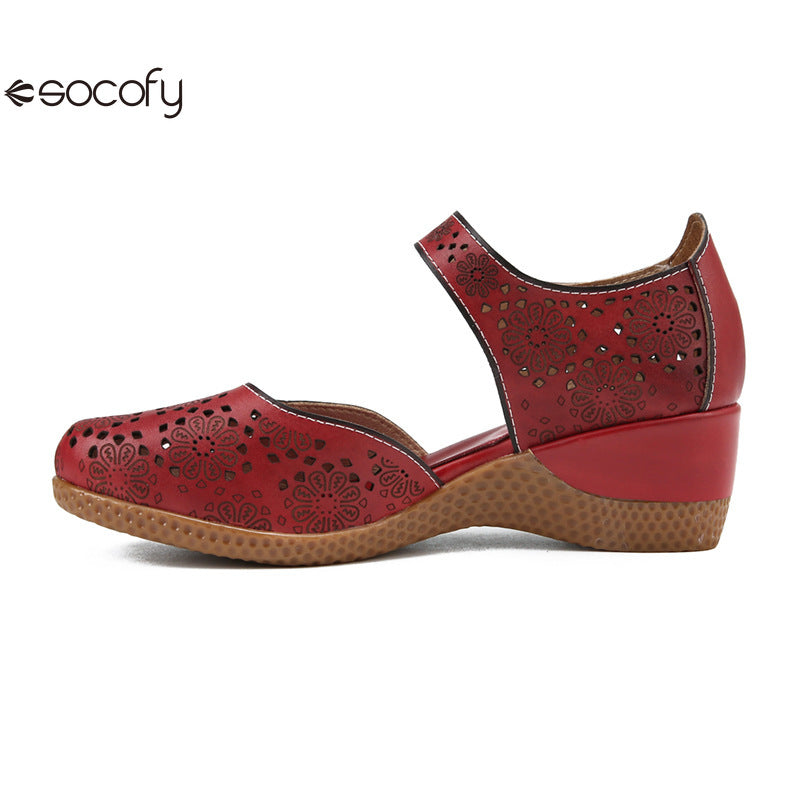 Socofy Genuine leather romantic three-dimensional flowers hollowed out sandals