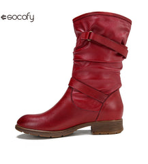 Socofy Vicconfy Genuine Leather Buckle Deco Cowhide Flat Long Boots