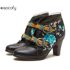 Socofy fashionable ethnic style stiletto heel round toe genuine leather boots for women