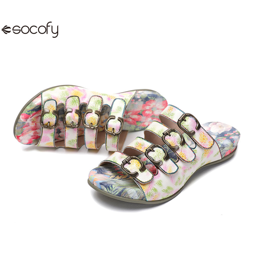 Socofy Vicconfy Summer Floral Leather Slippers