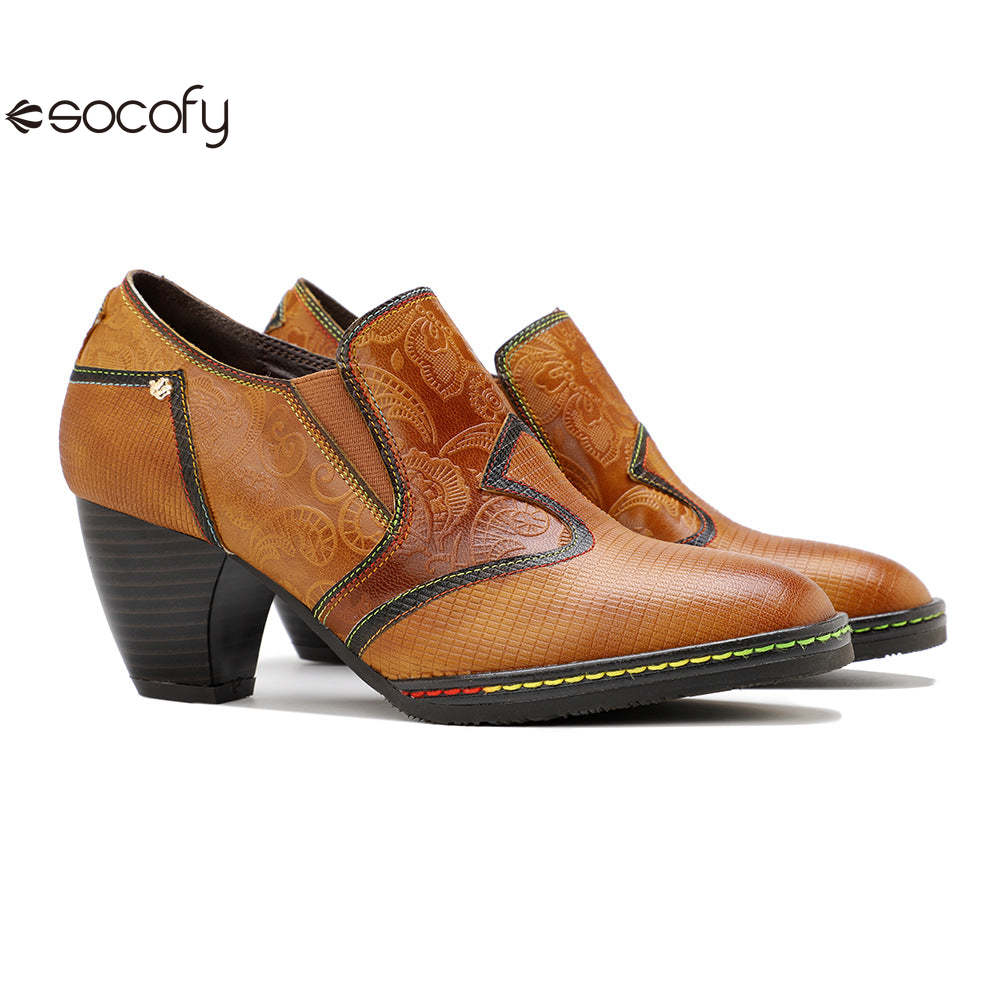 Socofy genuine leather retro style women's thick heel high heels