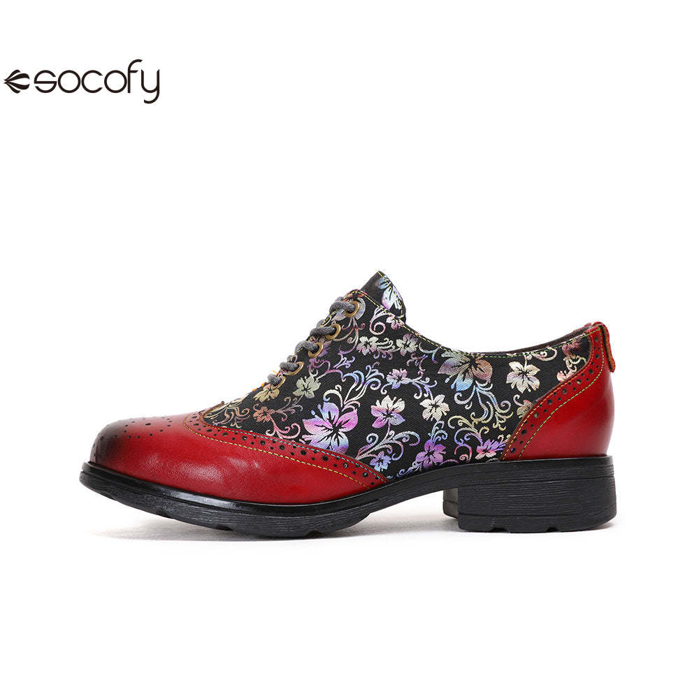 Socofy Ethnic style flower retro cowhide casual women's shoes