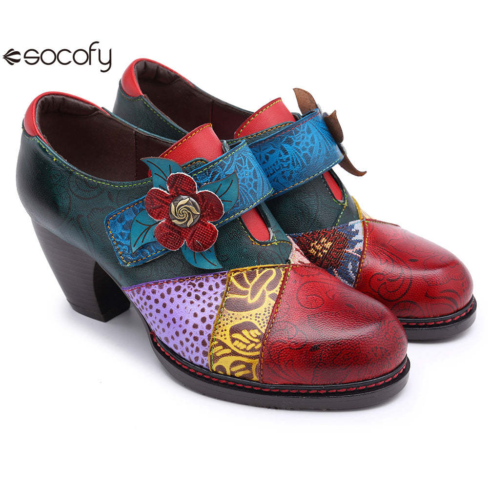 Socofy retro printing splicing ethnic style high heels women's shoes