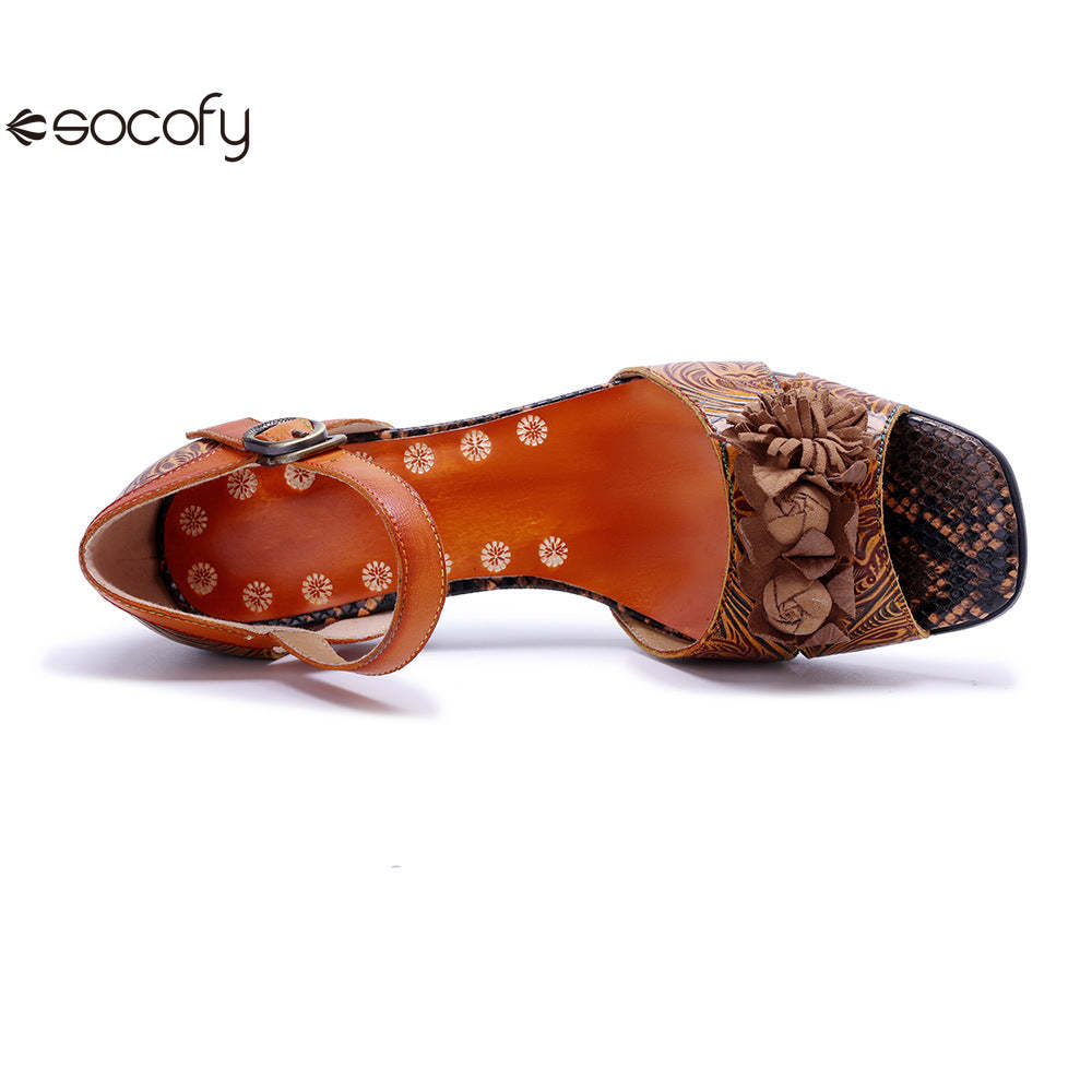 Socofy Vicconfy Handmade Leather Vintage Printed Dimensional Heeled Sandals