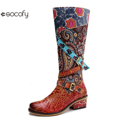 Socofy Leather Vintage Print Chunky Heel Knee Women's Boots