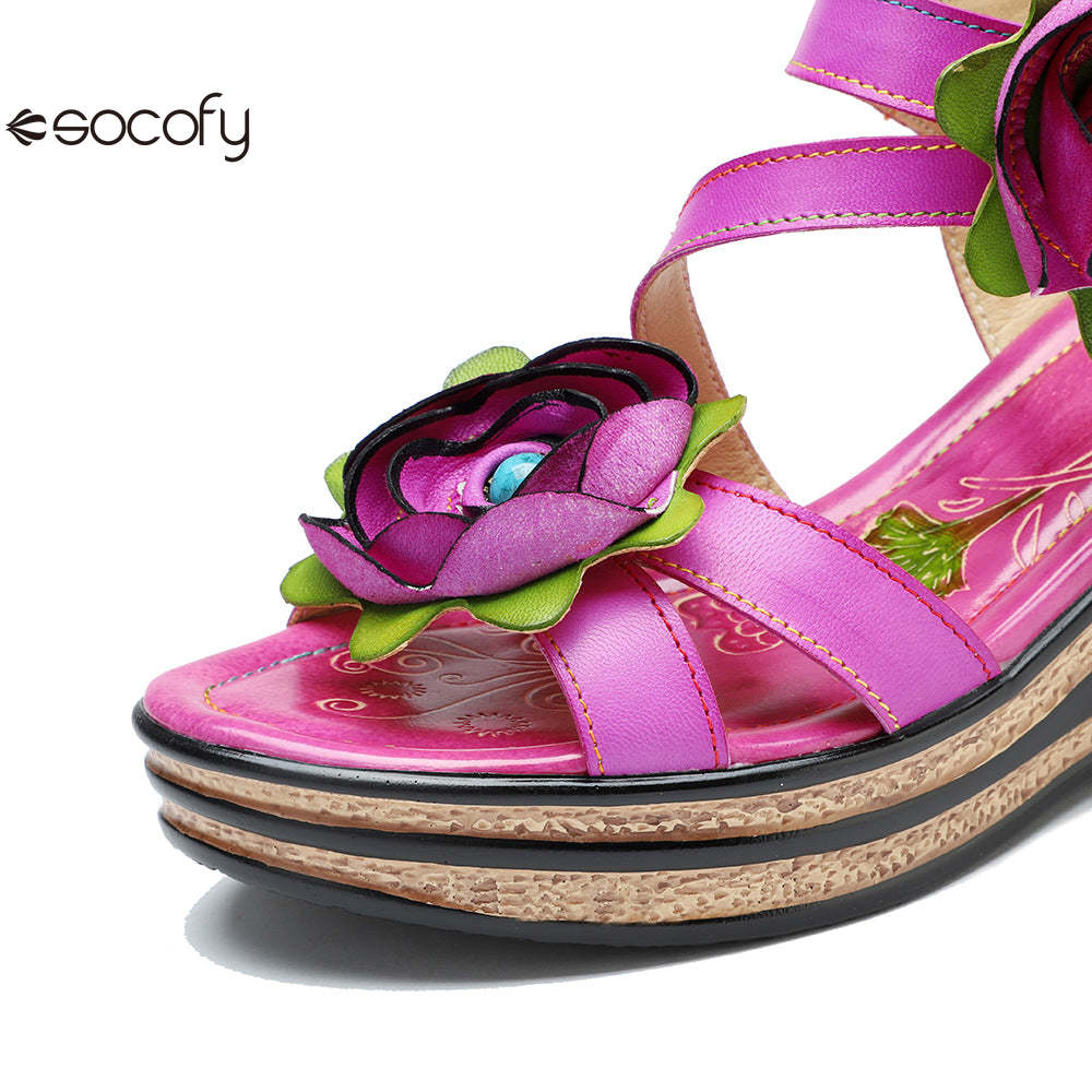 Socofy summer leather three-dimensional flowers comfortable sloping sandals