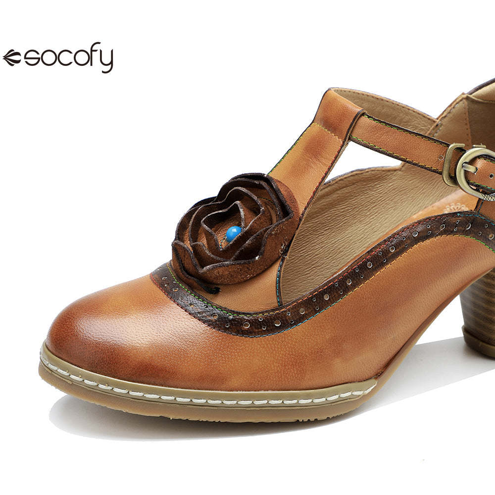 Socofy spring genuine leather retro Mary Jane high-heeled shoes