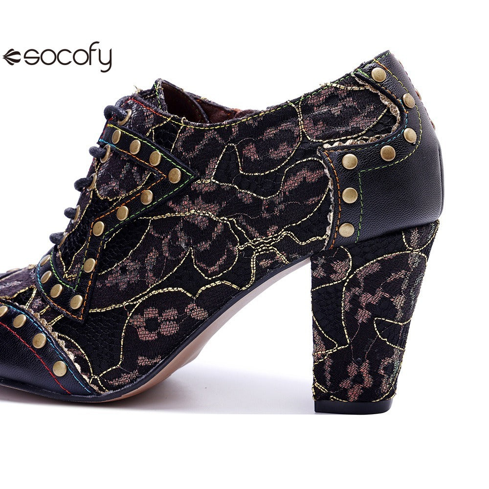 Socofy genuine leather Women's Leather Rivet Retro Fashion High Heeled Shoes