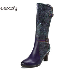 Socofy Vicconfy Genuine Leather Printed Belt Buckle Ethnic Long Boots