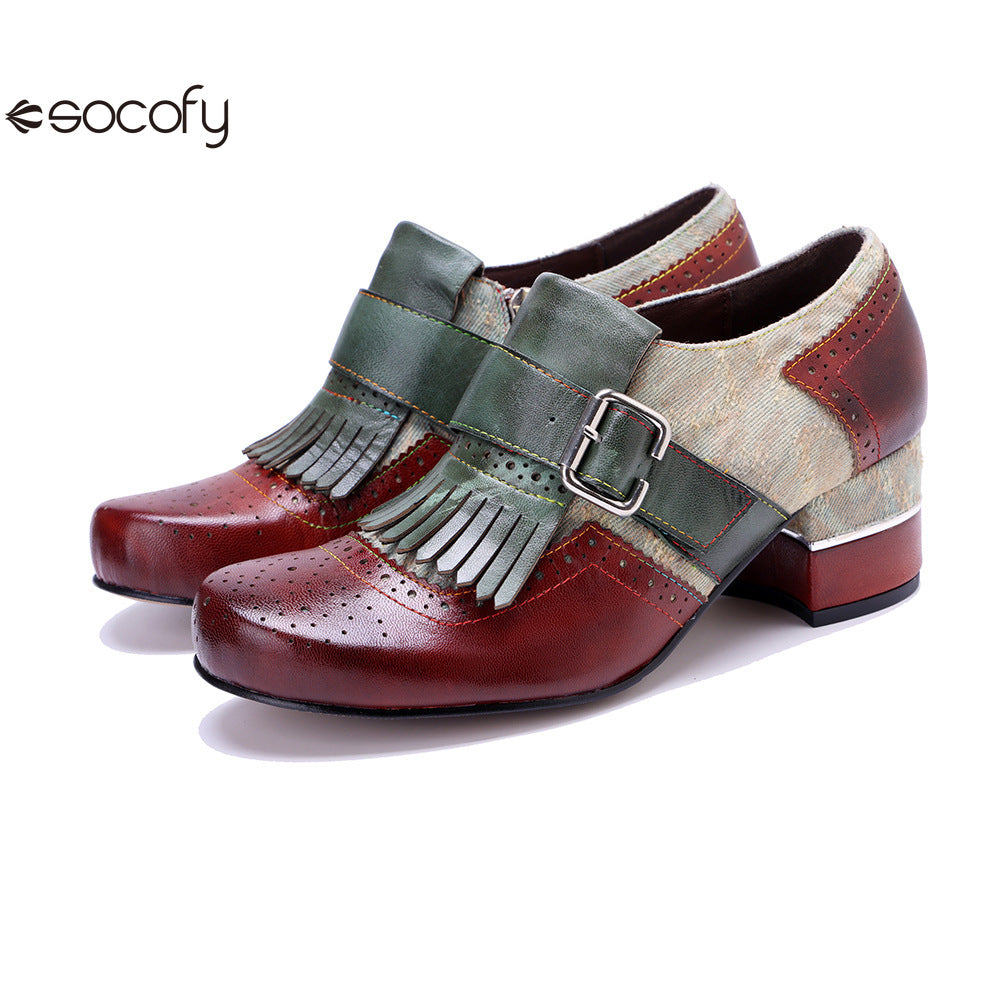 Socofy Genuine leather vintage brogue tassel side zipper Pupms