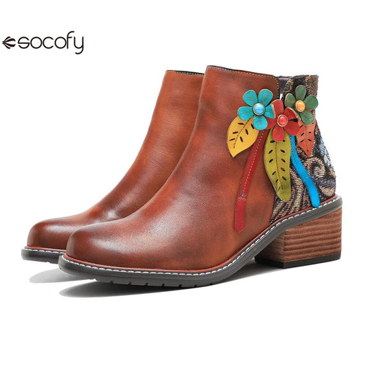 SOCOFY Winter New Round Toe Patchwork Handmade Ankle Boots 1000