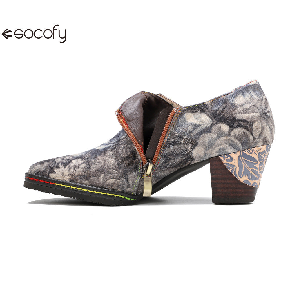 Socofy  Vicconfy Genuine Leather Vintage Style Water Print High Heeled Single Shoes