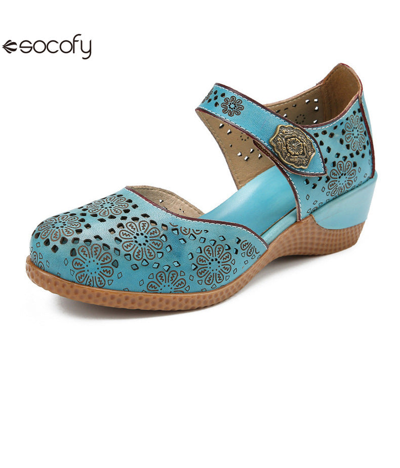 Socofy Genuine leather romantic three-dimensional flowers hollowed out sandals