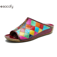 Socofy new summer style genuine leather retro plaid comfortable flat women's slippers