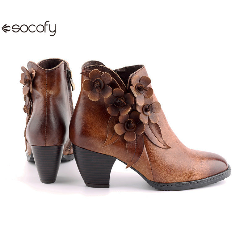 Socofy Genuine Leather Handmade Square Toe Vintage Handmade Flower Boots Woman