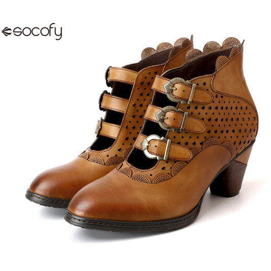 Socofy Vicconfy Retro Cutout High Heel Leather Boots 790