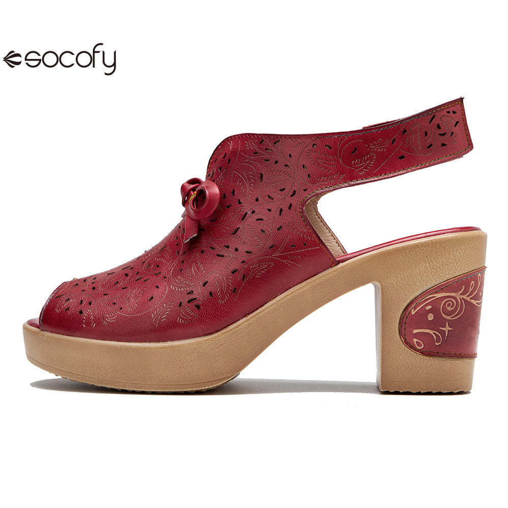 Socofy Summer Leather Retro Hollow Out High Heel Sandals