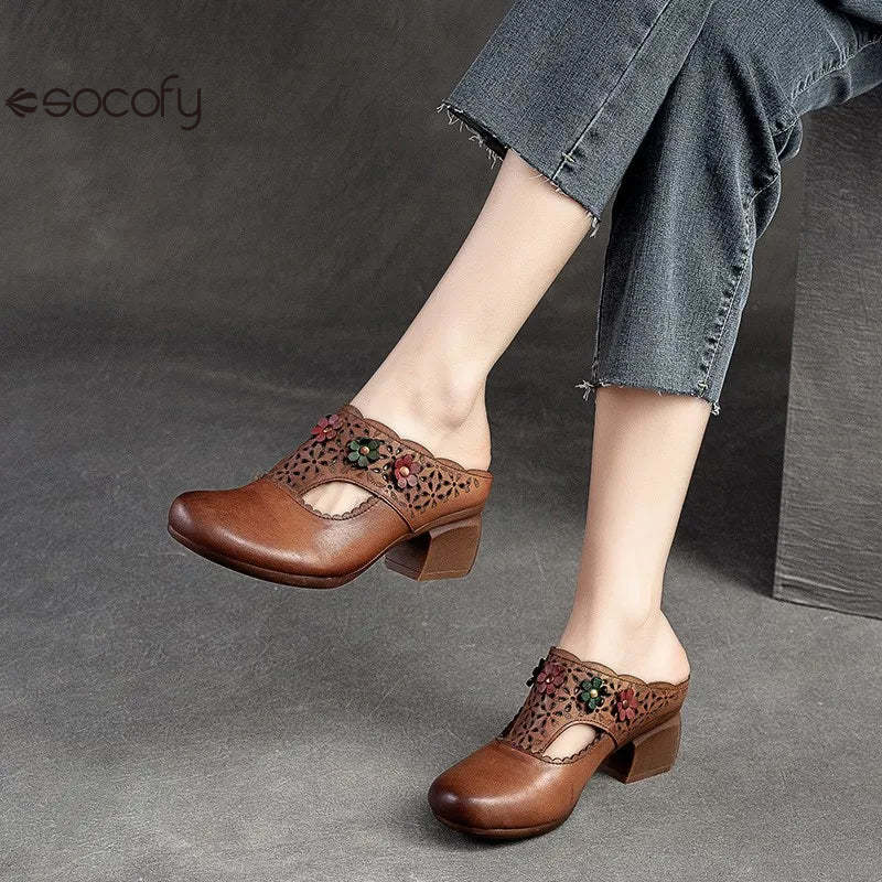 Socofy Ethnic Style Flower Mid Heel Round Toe Retro Comfortable Versatile Women Shoes