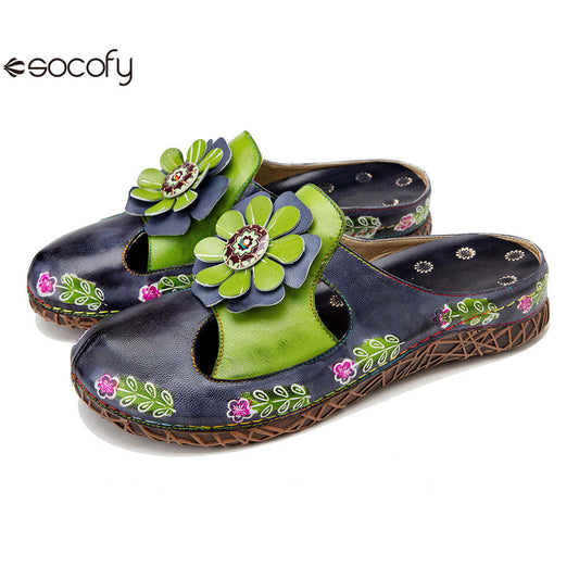 Socofy Flat Flower Daily Home Casual Back Heel Half Slippers Women 1000