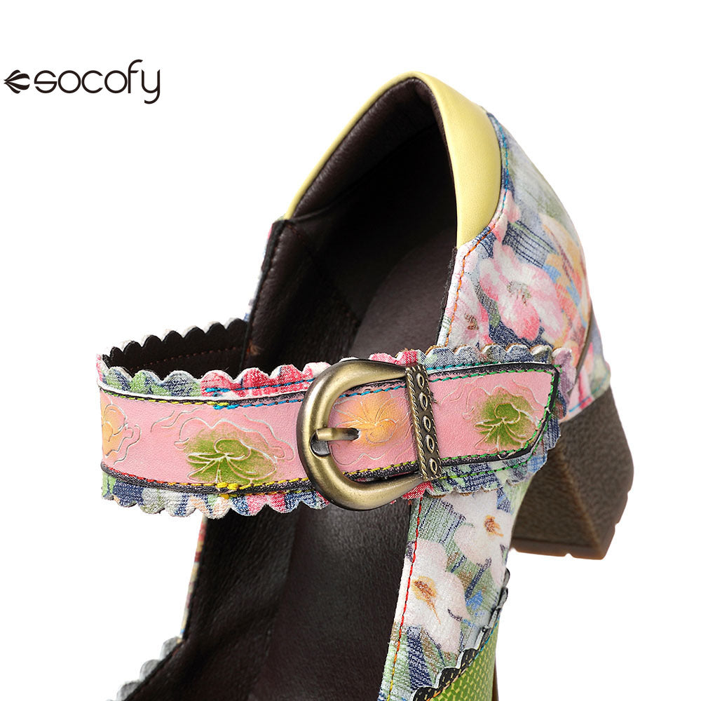 Socofy Vicconfy Floral Leather Women's Mary Jane Heel