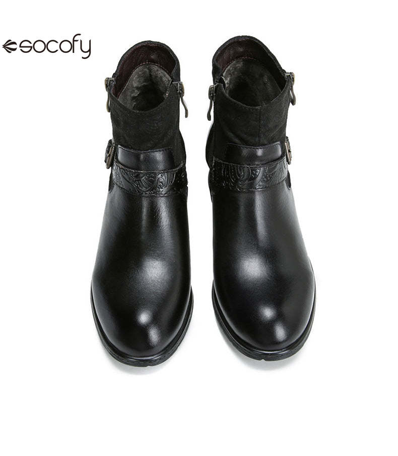 Socofy Vicconfy Women's Round Toe Cowhide Ethnic Leather Boots Fashion Boots