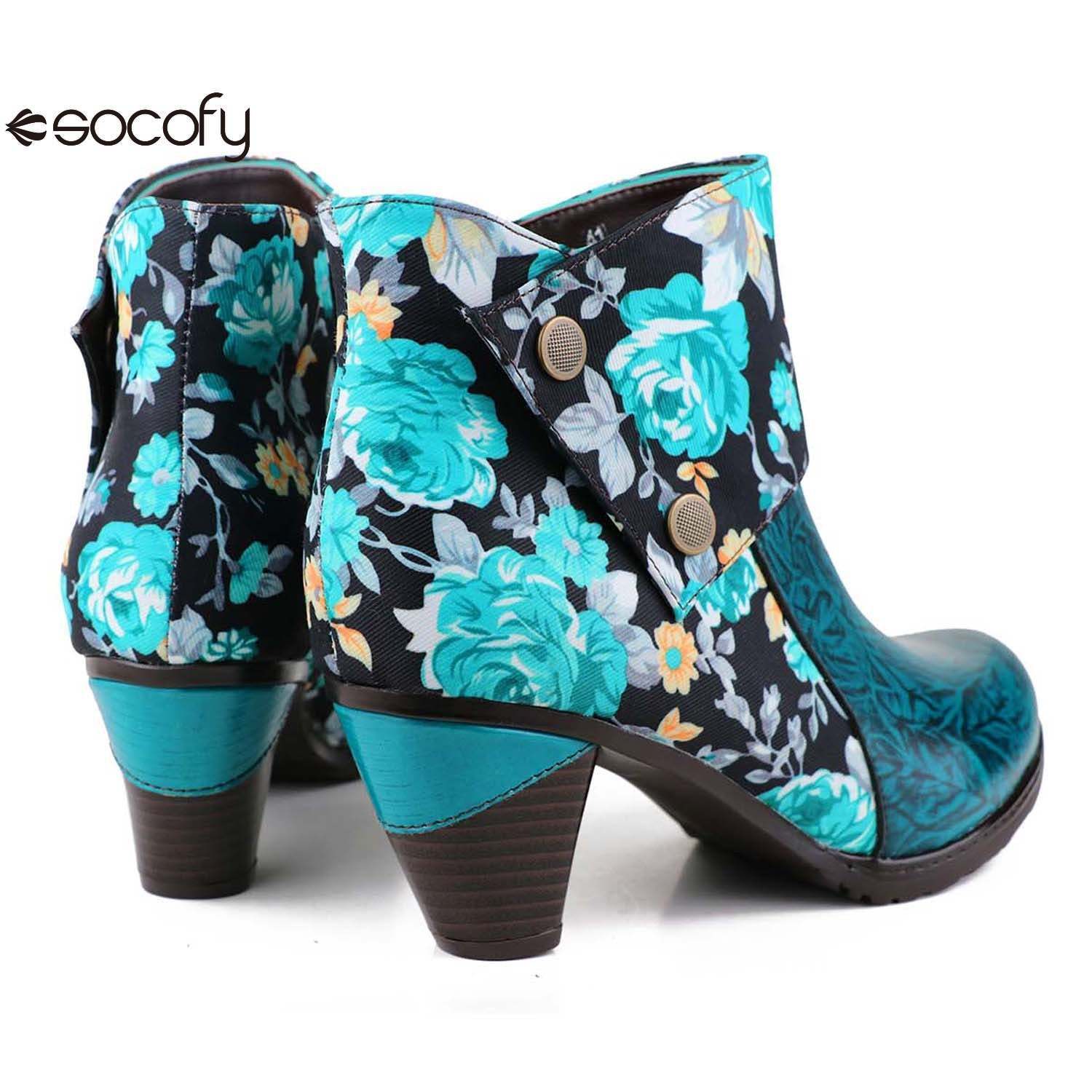 Socofy Autumn ethnic style cowhide thickened mid-calf round toe fashion boots for women