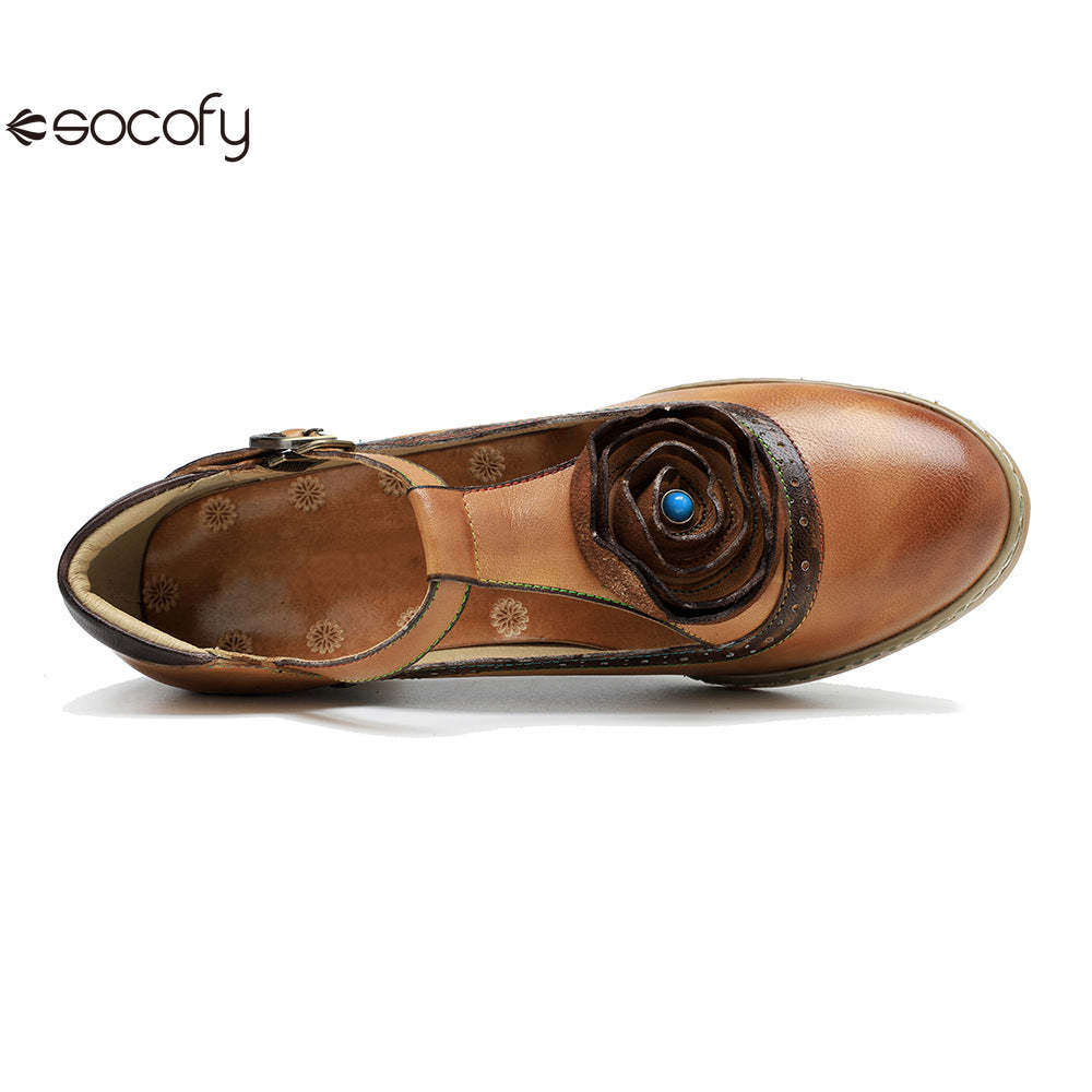 Socofy spring genuine leather retro Mary Jane high-heeled shoes