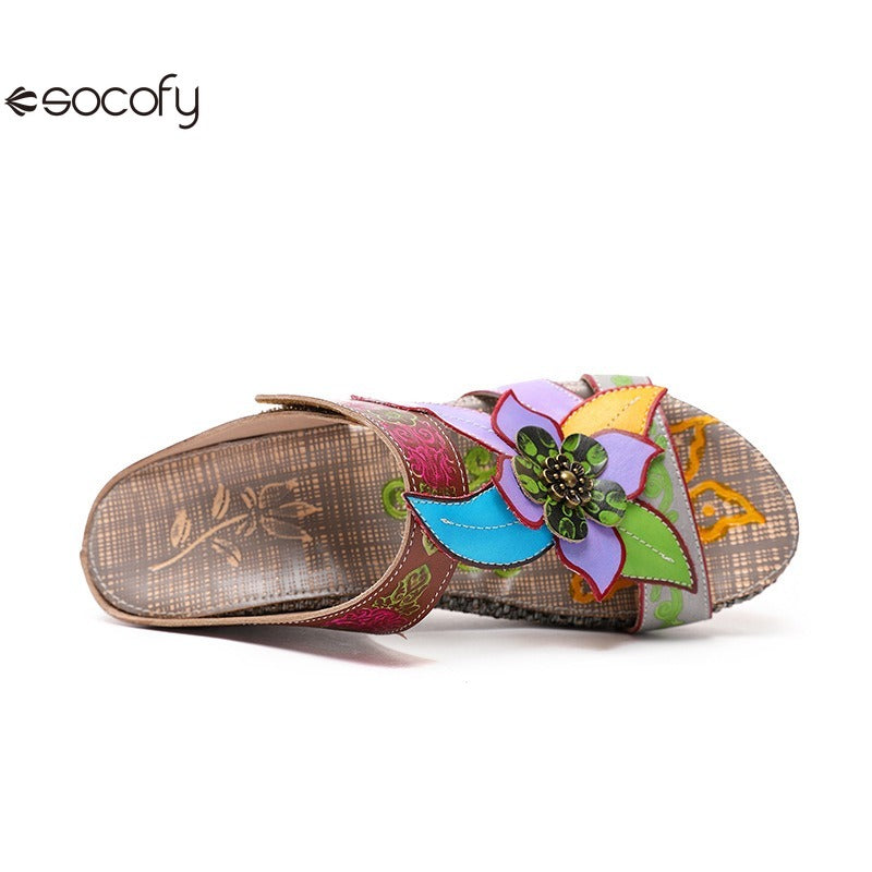 Socofy genuine genuine leather bohemian floral vintage sandals