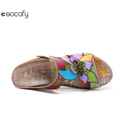 Socofy genuine genuine leather bohemian floral vintage sandals