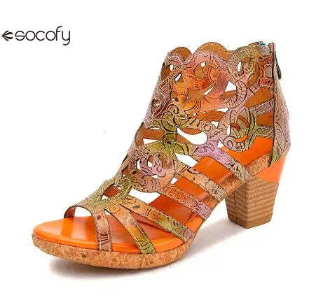 Socofy Genuine Leather Hand-painted Retro Sewing Zip Casual Handmade Sandals