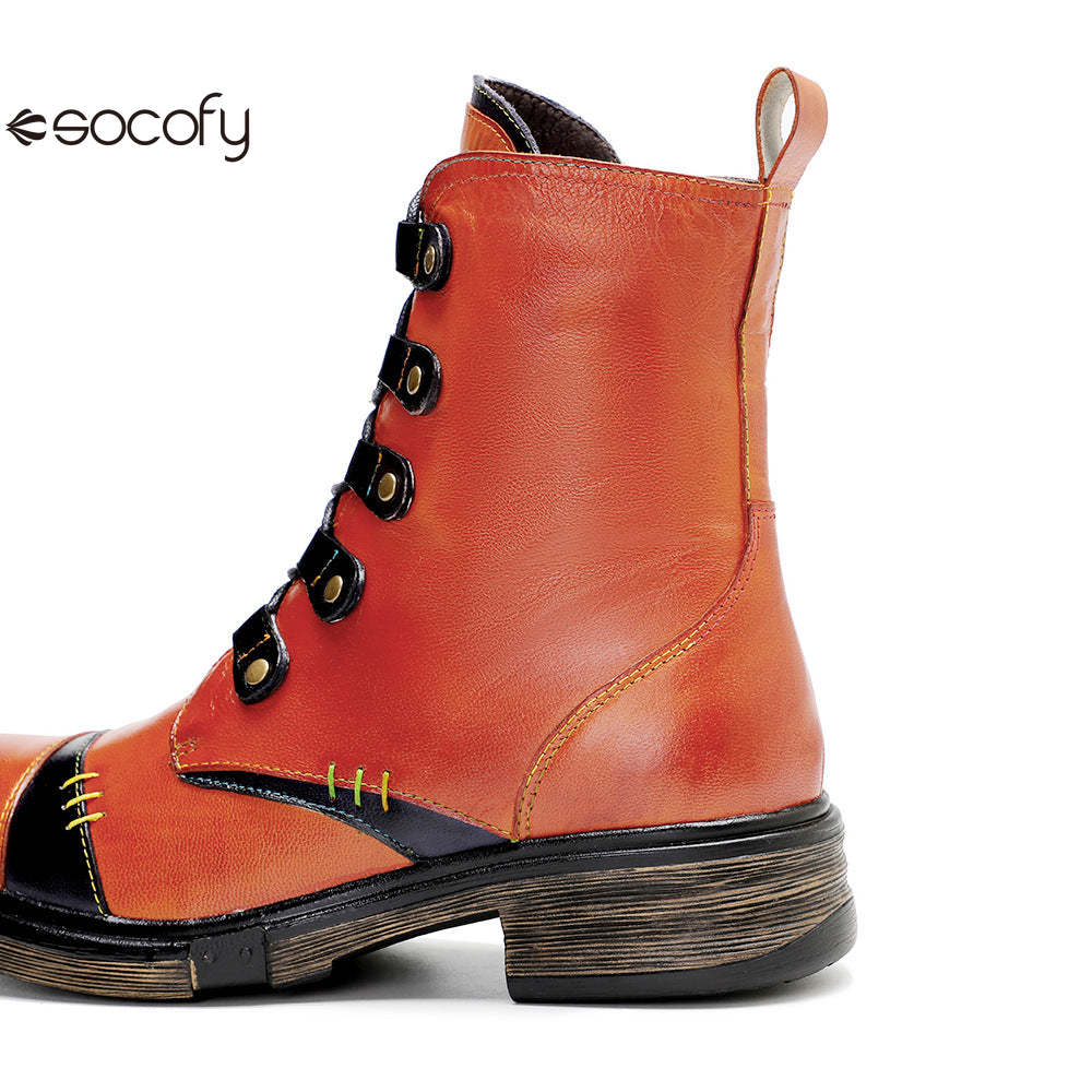 Socofy Vicconfy Leather Handmade Color Clash Retro Fashion Martin Boots Women's Boots