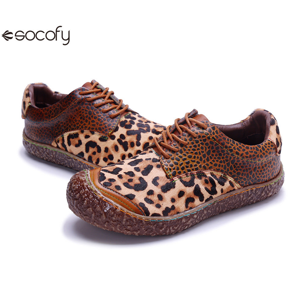 Socofy Vicconfy Genuine Leather Handmade Leopard Print Casual Comfort Loafers