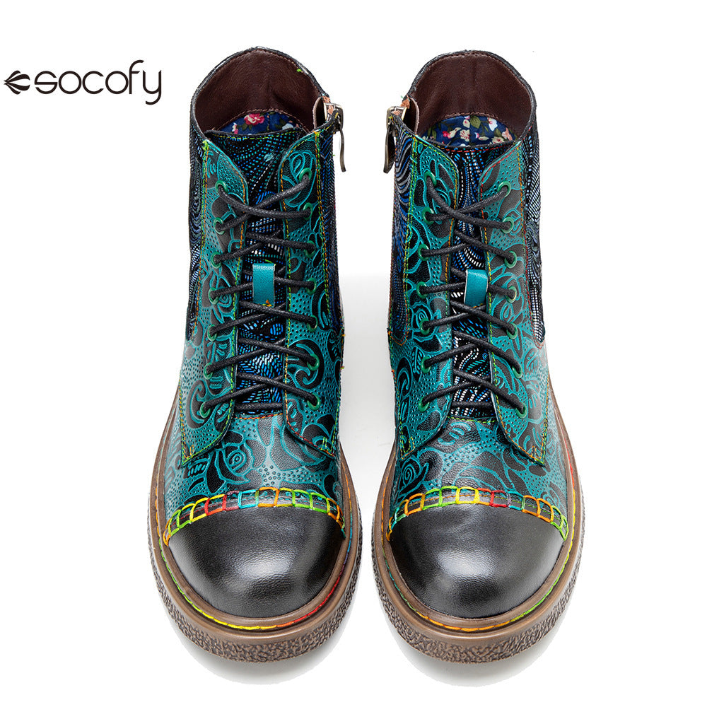 Socofy Vicconfy Genuine Leather Handmade Printed Comfortable Flat Boots