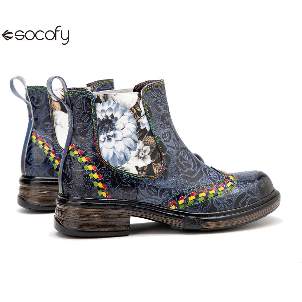 Socofy Vicconfy Genuine Leather Bohemian Women's Martin Boots Ethnic Vintage Short Boots